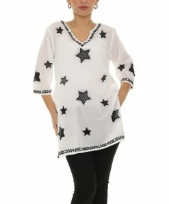 Top 10 π₯° Shoreline White Star Embroidery Three-Quarter Sleeve V-Neck Tunic - π© Women π§¨
