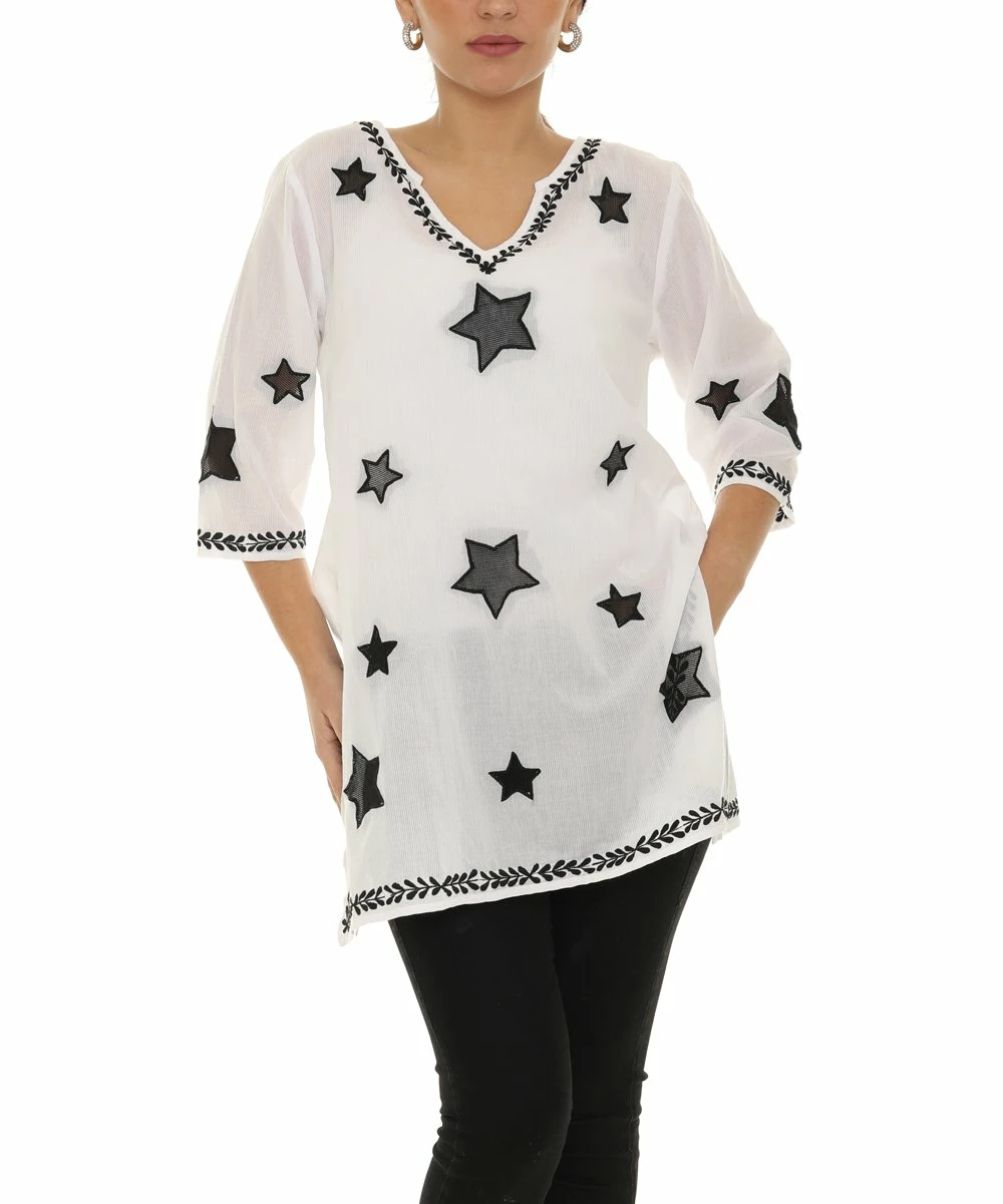 Top 10 π₯° Shoreline White Star Embroidery Three-Quarter Sleeve V-Neck Tunic - π© Women π§¨