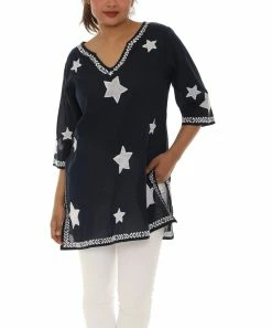 New π― Shoreline Black Star Embroidery Three-Quarter Sleeve V-Neck Tunic - π© Women & Plus β