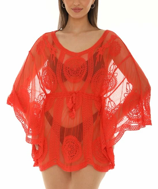 Wholesale β Shoreline Coral Crochet-Accent Sheer Three-Quarter Sleeve Cover-Up - π© Women π