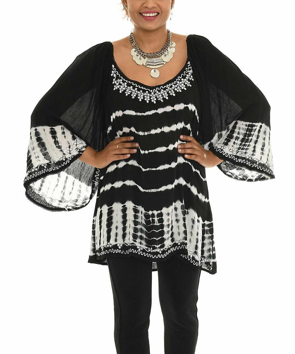 Outlet β Shoreline Black & White Tie-Dye Bell-Sleeve Sweetheart-Neck Tunic - π© Women & Plus π― - Image 2