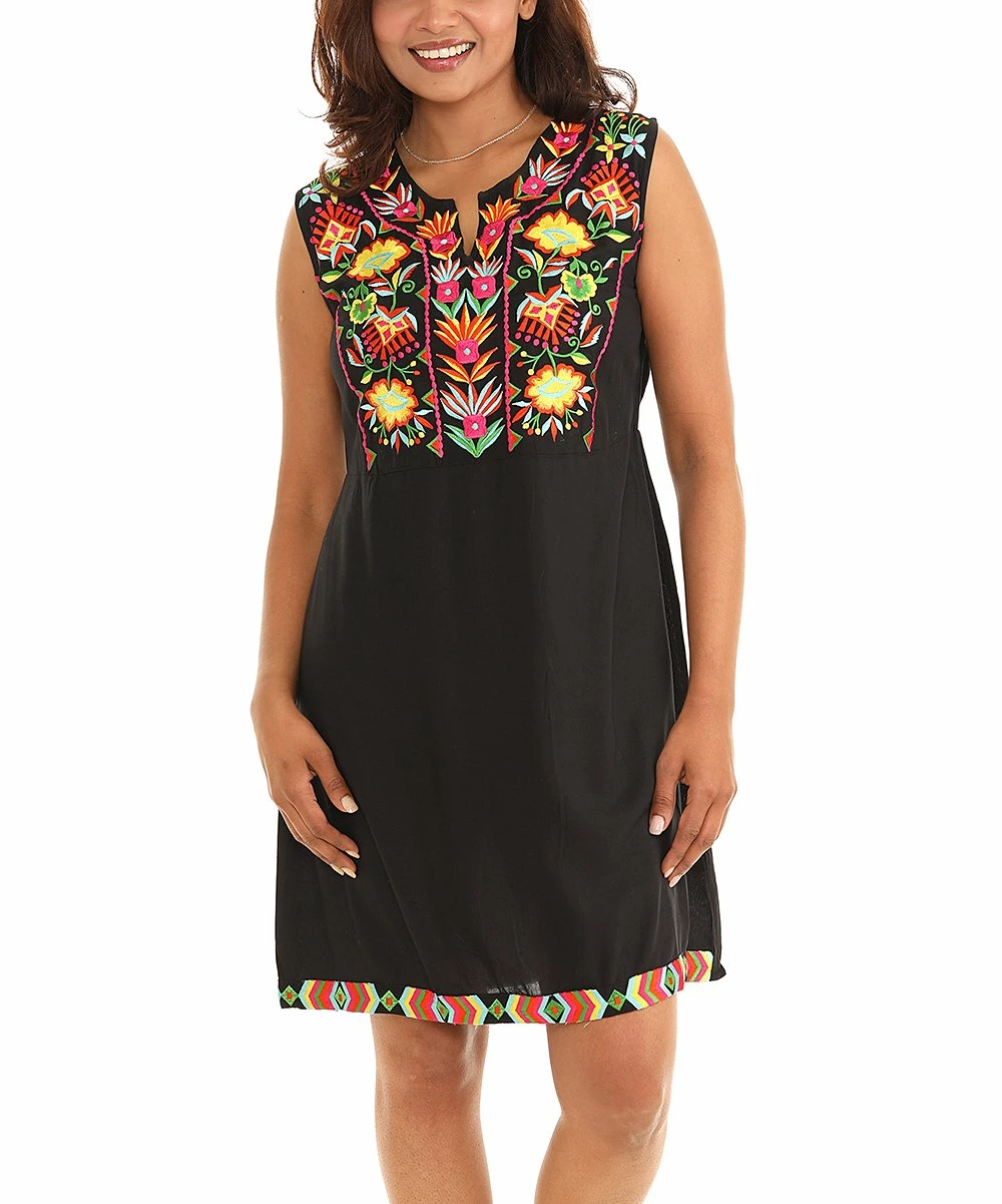 Cheapest π₯° Shoreline Black & Pink Floral Embroidered Sleeveless Notch Neck π Dress - π© Women π― - Image 3