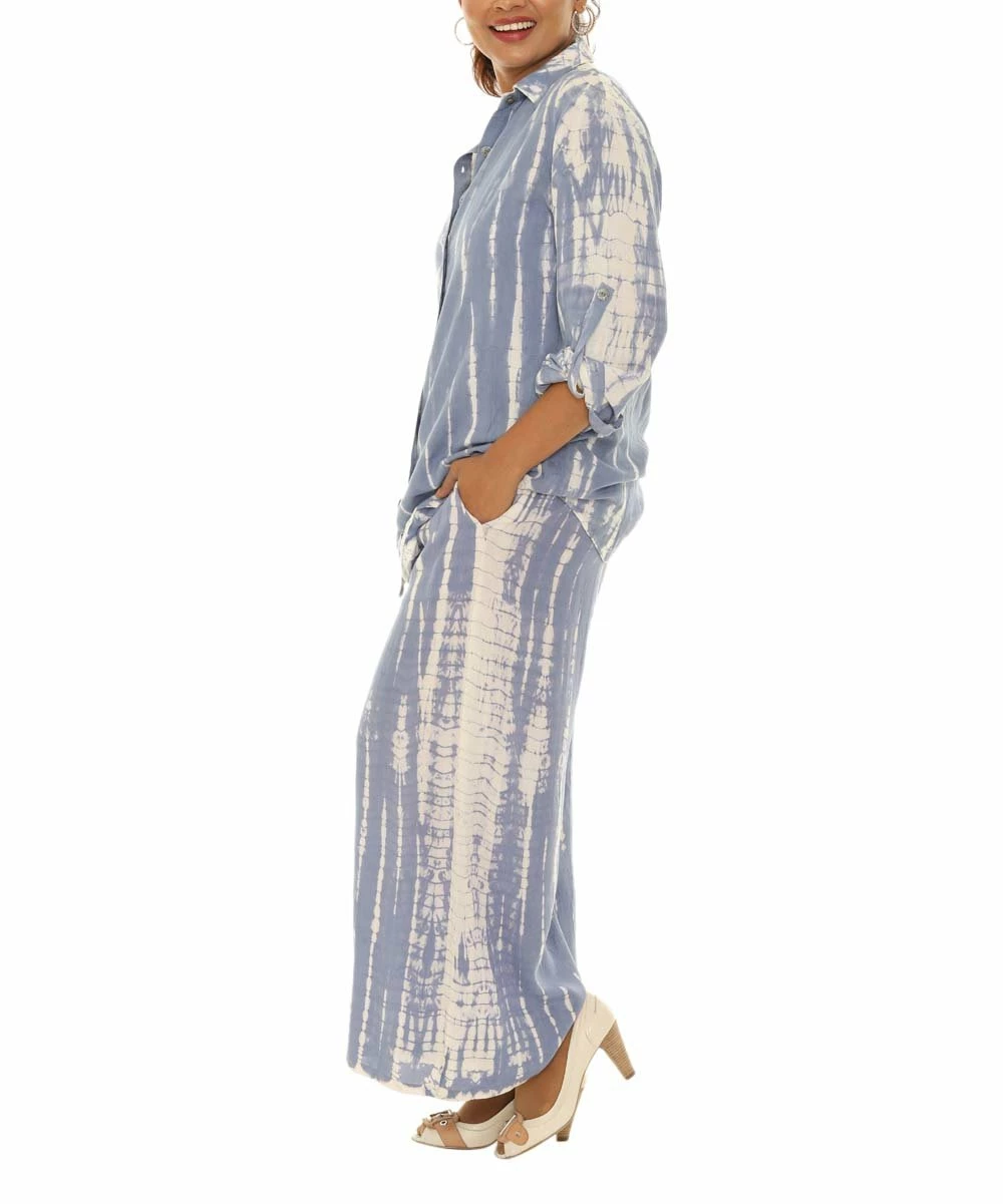 Cheapest π Shoreline Blue & White Tie-Dye Button-Up & Gaucho Pants - π© Women & Plus π - Image 3