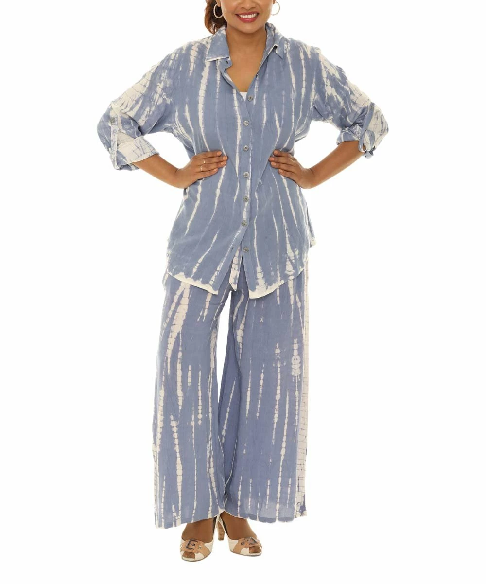 Cheapest π Shoreline Blue & White Tie-Dye Button-Up & Gaucho Pants - π© Women & Plus π - Image 4