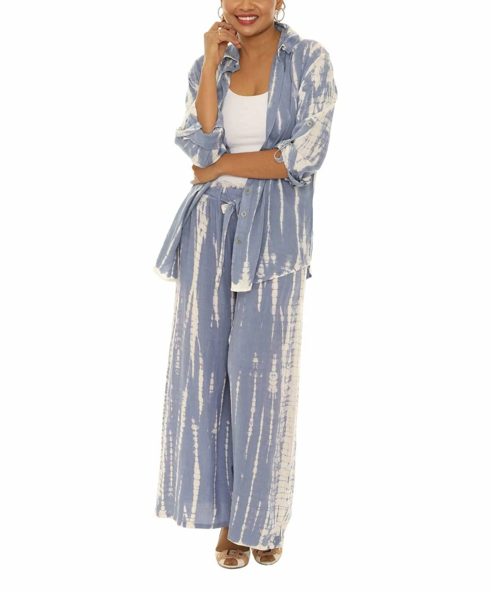 Cheapest π Shoreline Blue & White Tie-Dye Button-Up & Gaucho Pants - π© Women & Plus π - Image 5