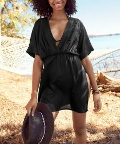 Best deal 💯 Venus | Black Crochet-Trim Tassel-Tie Deep V-Neck Cover-Up - 👩 Women & Plus ⭐