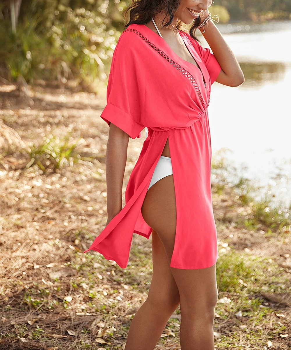 Budget π₯° Venus | Pink Crochet-Trim Tassel-Tie Deep V-Neck Cover-Up - π© Women & Plus π₯ - Image 3