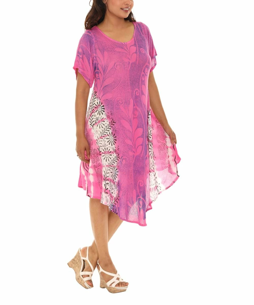 Deals π Shoreline Pink & White Floral Tie-Dye Scoop Neck Short-Sleeve π Dress - π© Women & Plus π - Image 3