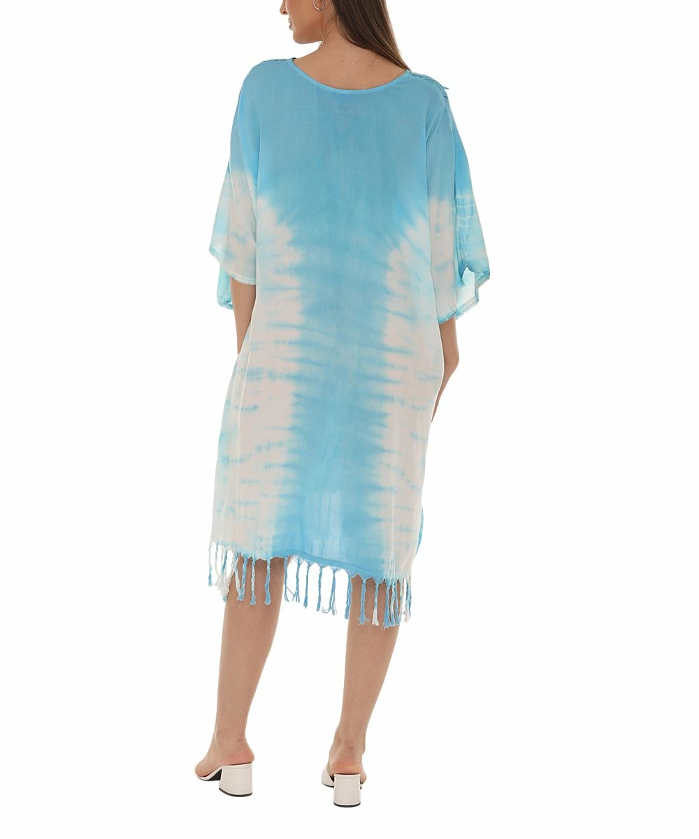 Best Sale π Shoreline Aqua Tie-Dye Embroidered Fringe-Hem Caftan - π© Women & Plus β¨ - Image 2