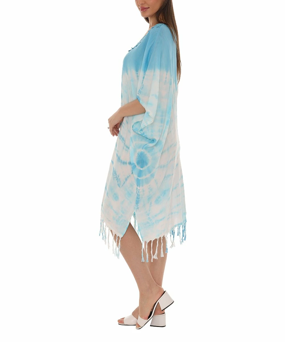 Best Sale π Shoreline Aqua Tie-Dye Embroidered Fringe-Hem Caftan - π© Women & Plus β¨ - Image 3
