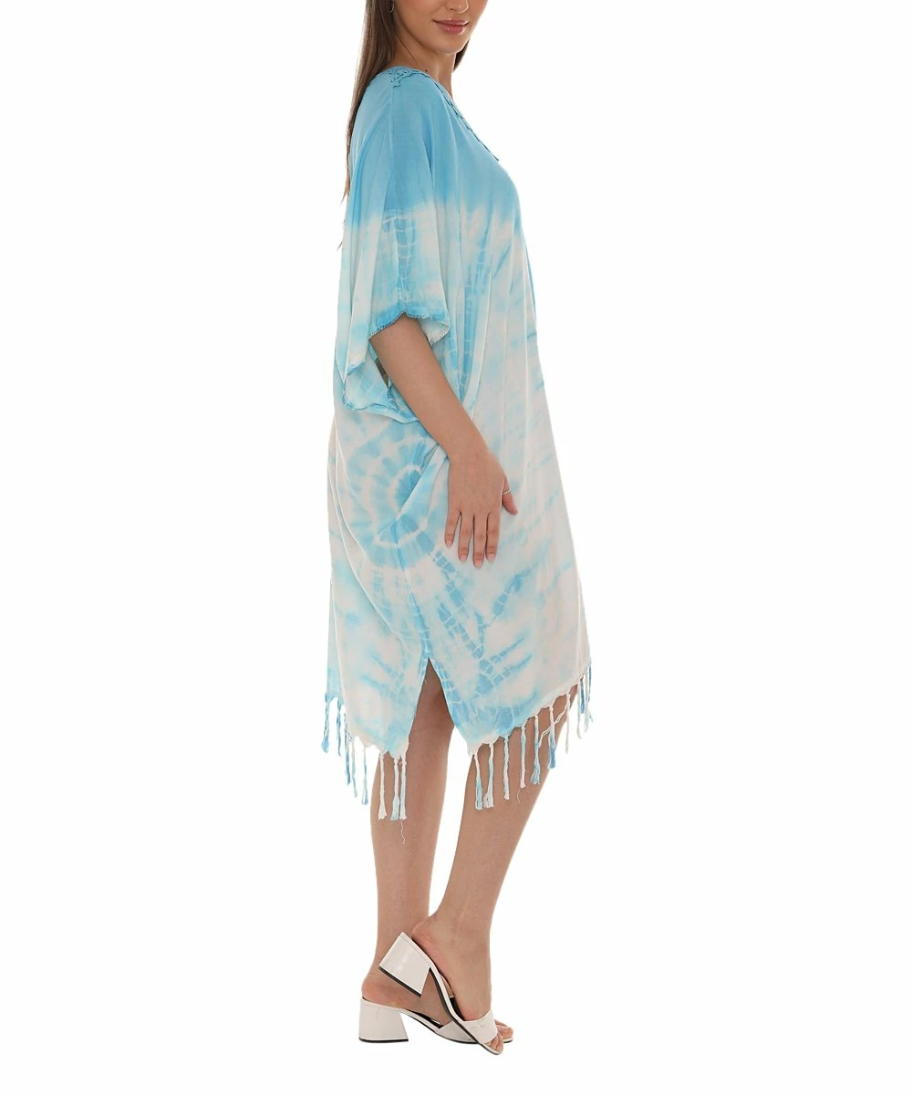 Best Sale π Shoreline Aqua Tie-Dye Embroidered Fringe-Hem Caftan - π© Women & Plus β¨ - Image 4