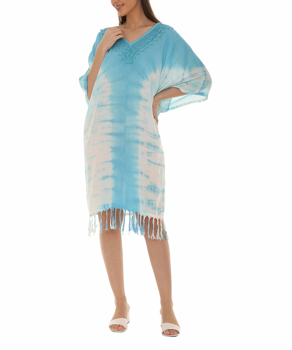 Best Sale π Shoreline Aqua Tie-Dye Embroidered Fringe-Hem Caftan - π© Women & Plus β¨ - Image 5