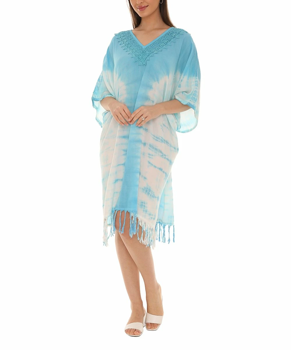 Best Sale π Shoreline Aqua Tie-Dye Embroidered Fringe-Hem Caftan - π© Women & Plus β¨