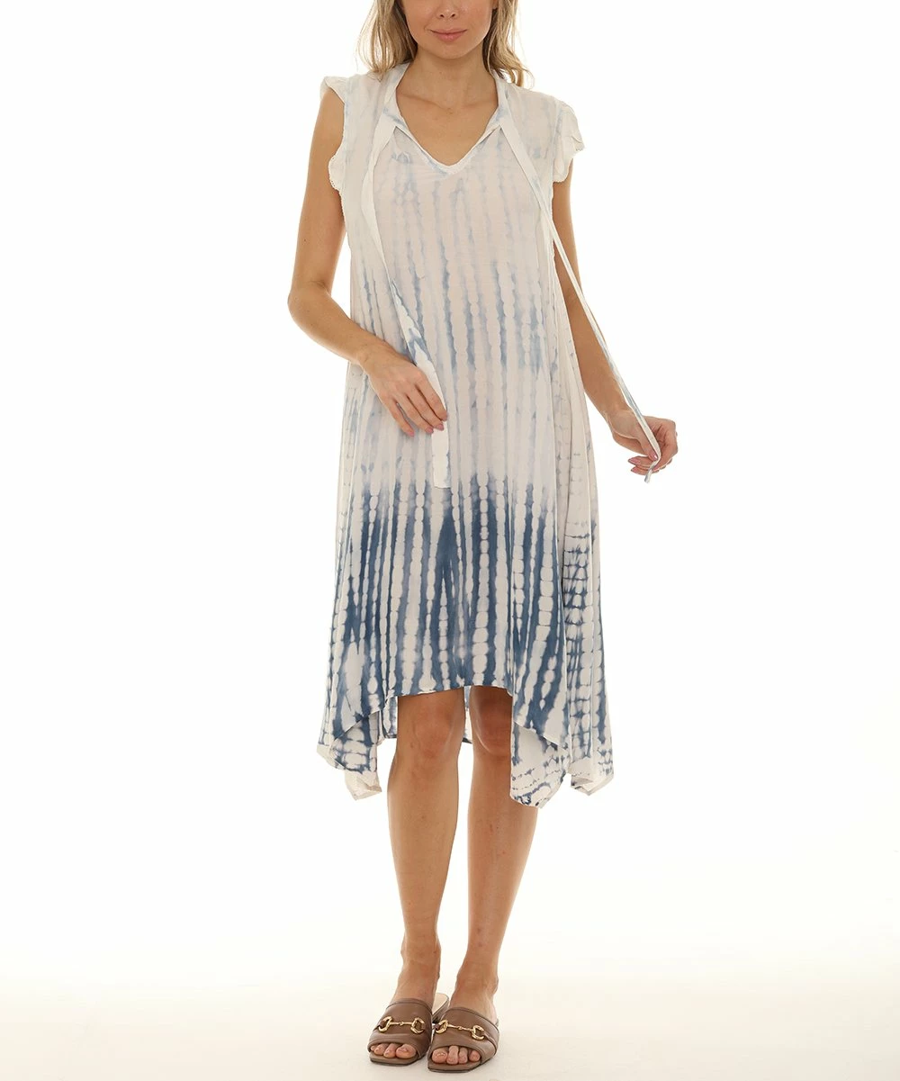 Buy β€οΈ Shoreline Blue Tie-Dye V-Neck Tie Cap-Sleeve π Dress - π© Women π