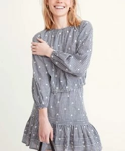 Best Sale π€© Madewell | Navy Gingham Floral Smocked Shoreline Puff-Sleeve Crop Top - π© Women π