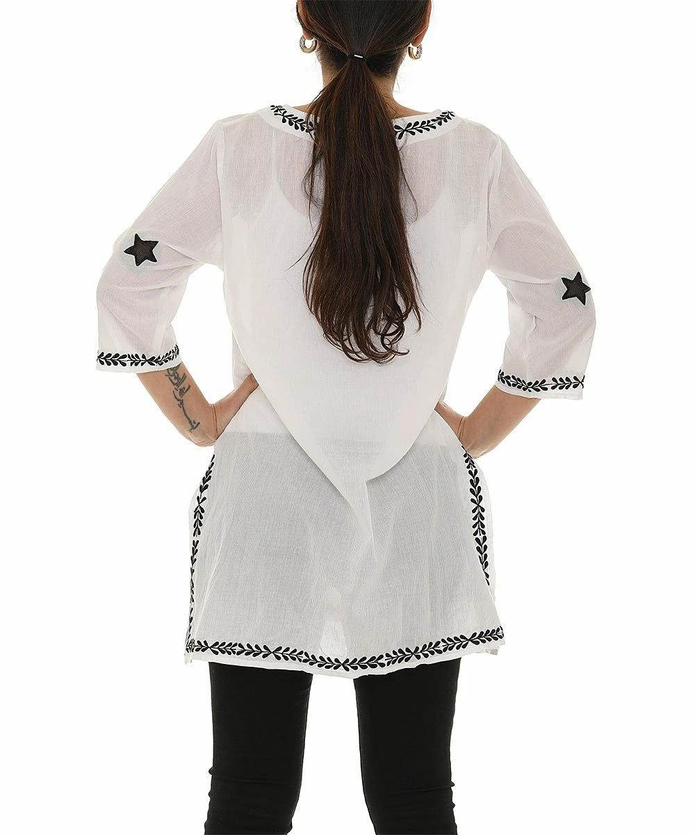 Best Pirce π Shoreline White & Navy Star Embroidered Three Quarter-Sleeve Tunic - π© Women & Plus π - Image 2
