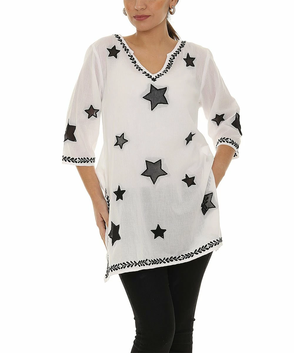 Best Pirce π Shoreline White & Navy Star Embroidered Three Quarter-Sleeve Tunic - π© Women & Plus π - Image 3