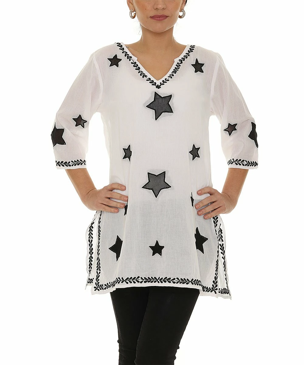 Best Pirce π Shoreline White & Navy Star Embroidered Three Quarter-Sleeve Tunic - π© Women & Plus π - Image 4