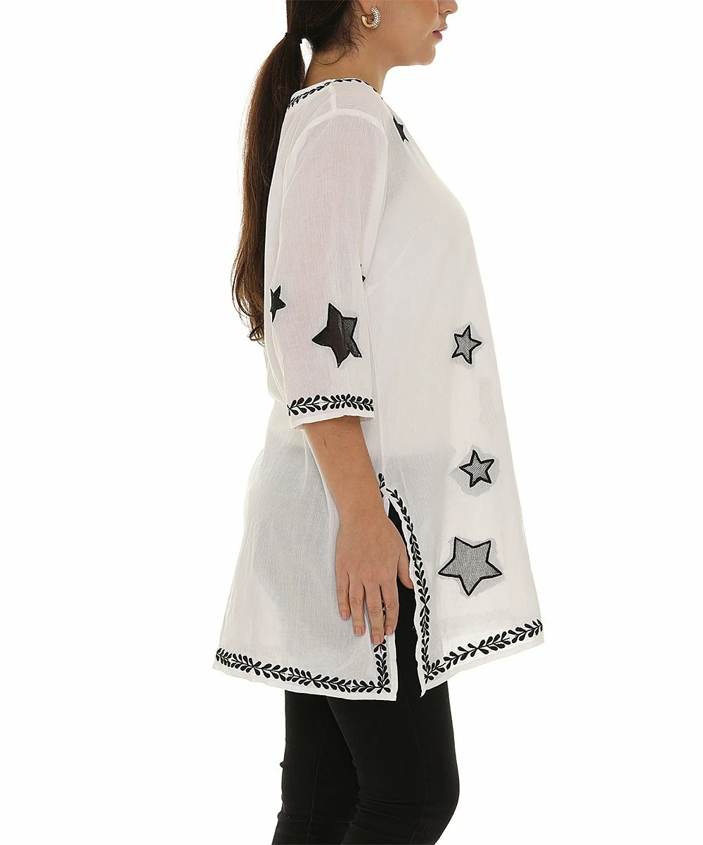 Best Pirce π Shoreline White & Navy Star Embroidered Three Quarter-Sleeve Tunic - π© Women & Plus π - Image 5