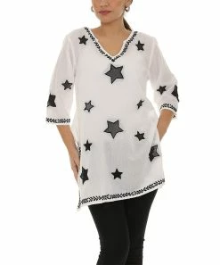 Best Pirce 👏 Shoreline White & Navy Star Embroidered Three Quarter-Sleeve Tunic - 👩 Women & Plus 😍
