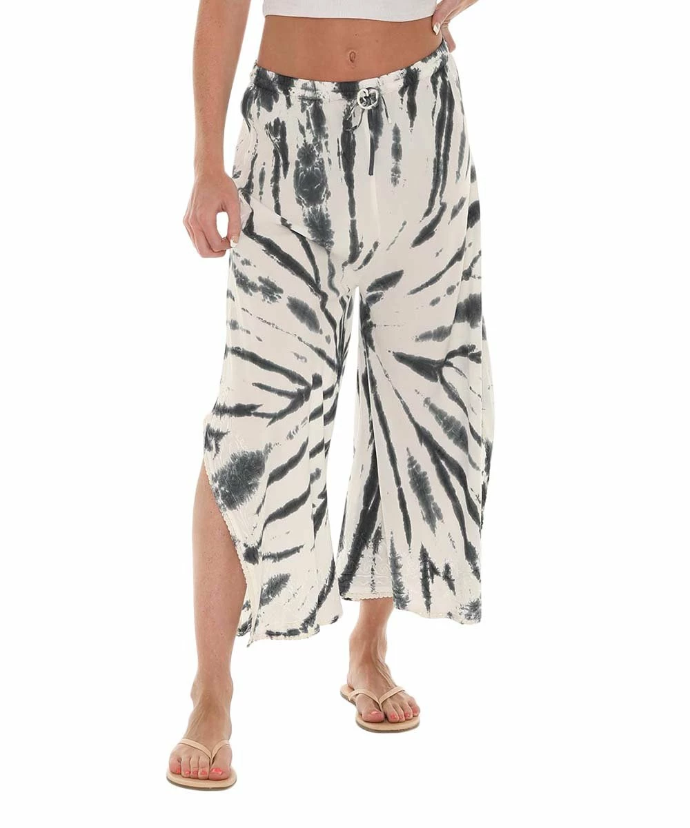 Discount 𧨠Shoreline Black & White Tie-Dye Side-Slit Embroidered Crop Pants - π© Women π - Image 3