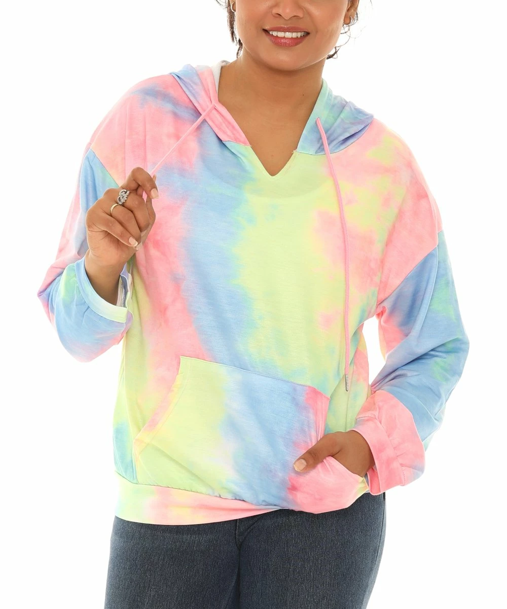 Best deal β¨ Shoreline Pink & Yellow Rainbow Tie-Dye Pocket Hoodie - π© Women & Plus π - Image 2