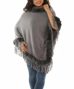 Coupon 😉 Shoreline Gray Faux Fur Fringed Poncho - 👩 Women & Plus ⭐