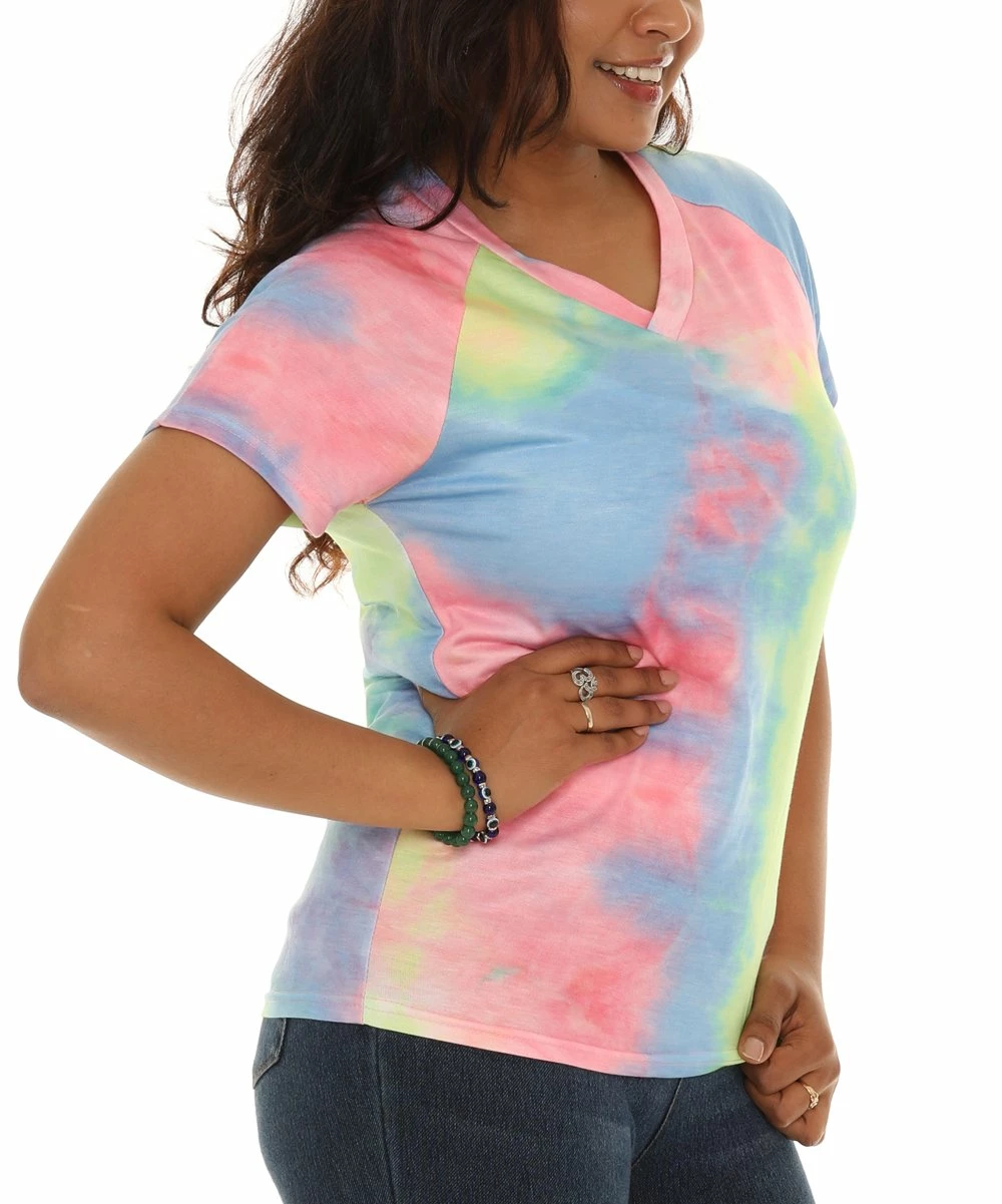 Promo π Shoreline Green & Pink Tie-Dye V-Neck Top - π© Women & Plus π - Image 4