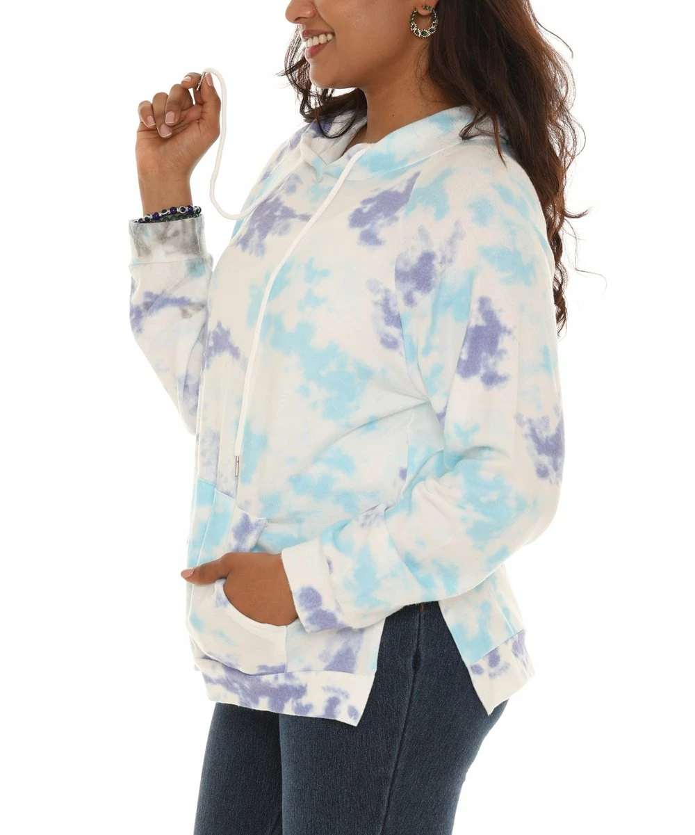 Best Pirce β€οΈ Shoreline Blue & Cream Tie-Dye Drawstring Hoodie - π© Women & Plus π₯ - Image 3