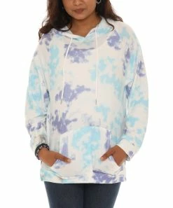 Best Pirce ❤️ Shoreline Blue & Cream Tie-Dye Drawstring Hoodie - 👩 Women & Plus 🔥