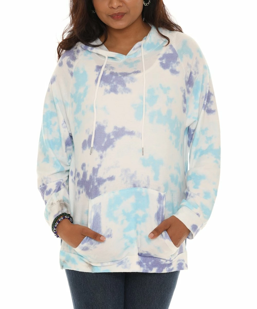Best Pirce β€οΈ Shoreline Blue & Cream Tie-Dye Drawstring Hoodie - π© Women & Plus π₯