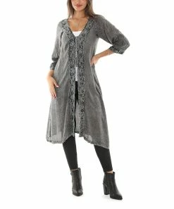Top 10 π Shoreline Gray Foliage Embroidered Three-Quarter Sleeve Tie-Front Duster - π© Women π