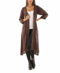 Buy 😀 Shoreline Brown Foliage Embroidered Three-Quarter Sleeve Tie-Front Duster - 👩 Women 🤩