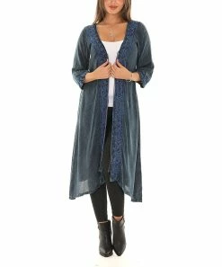 Discount π Shoreline Blue Sequin-Accent Embroidered Three-Quarter Sleeve Duster - π© Women & Plus π€©