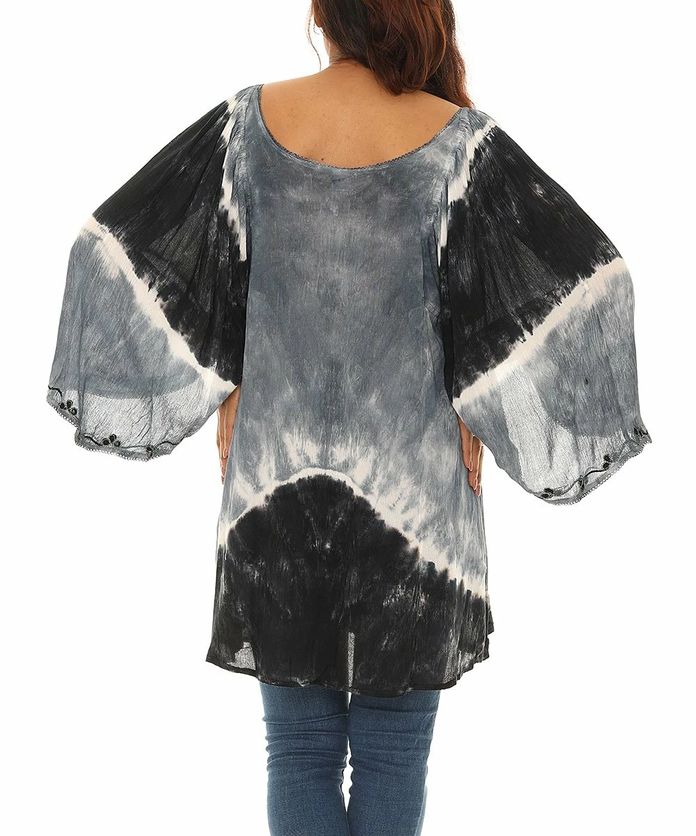 Discount π― Shoreline Black & Gray Tie-Dye Three-Quarter Sleeve Scoop Neck Tunic - π© Women & Plus π - Image 2