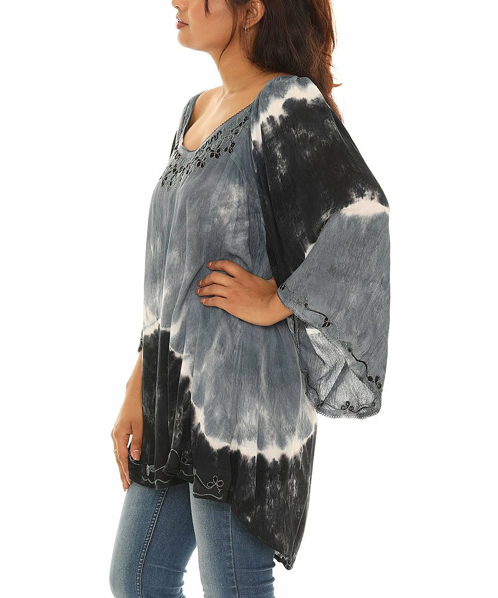 Discount π― Shoreline Black & Gray Tie-Dye Three-Quarter Sleeve Scoop Neck Tunic - π© Women & Plus π - Image 3