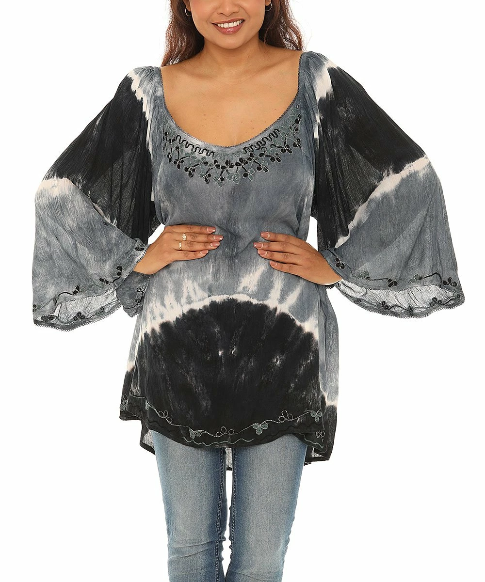Discount π― Shoreline Black & Gray Tie-Dye Three-Quarter Sleeve Scoop Neck Tunic - π© Women & Plus π - Image 4