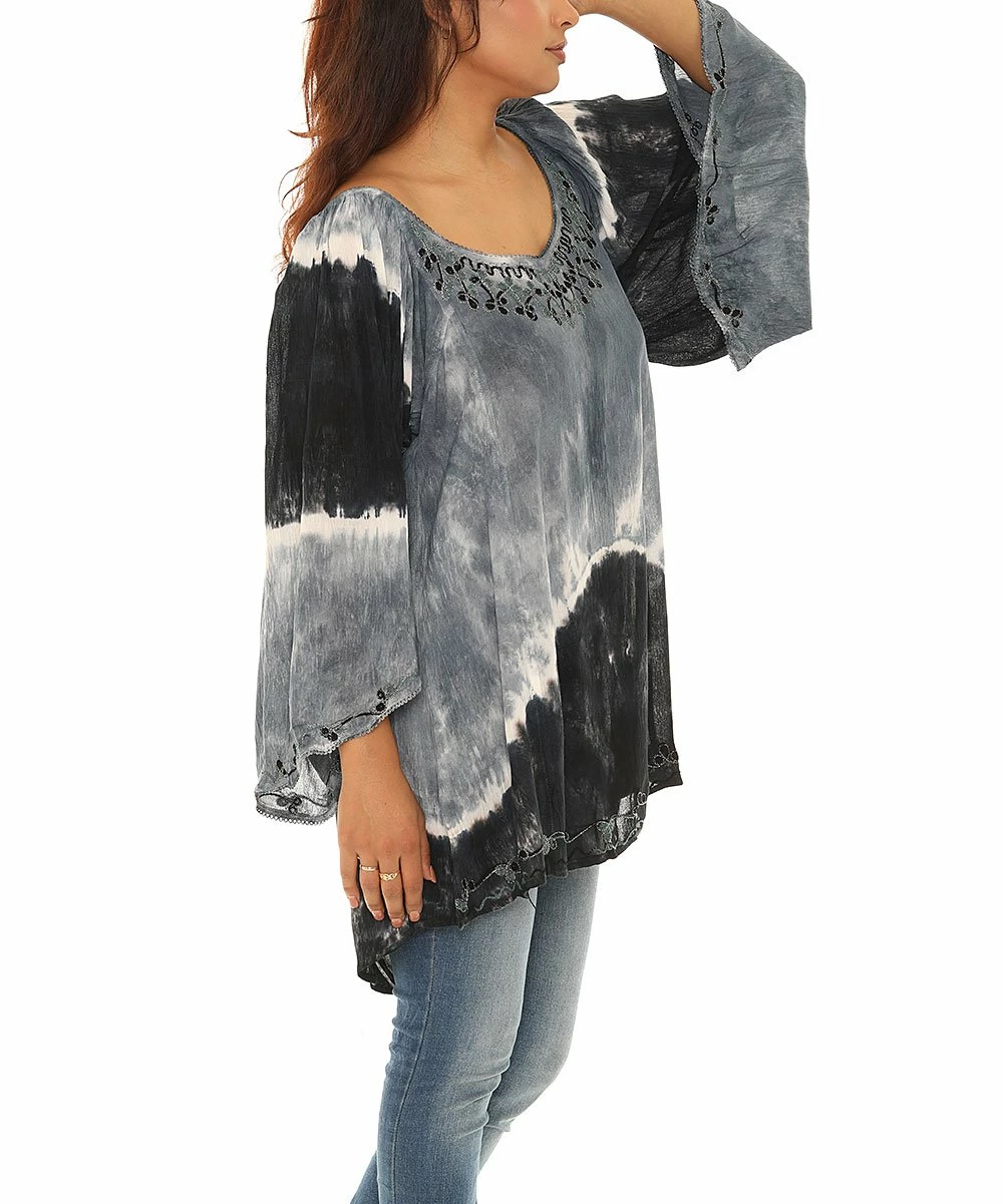 Discount π― Shoreline Black & Gray Tie-Dye Three-Quarter Sleeve Scoop Neck Tunic - π© Women & Plus π - Image 5