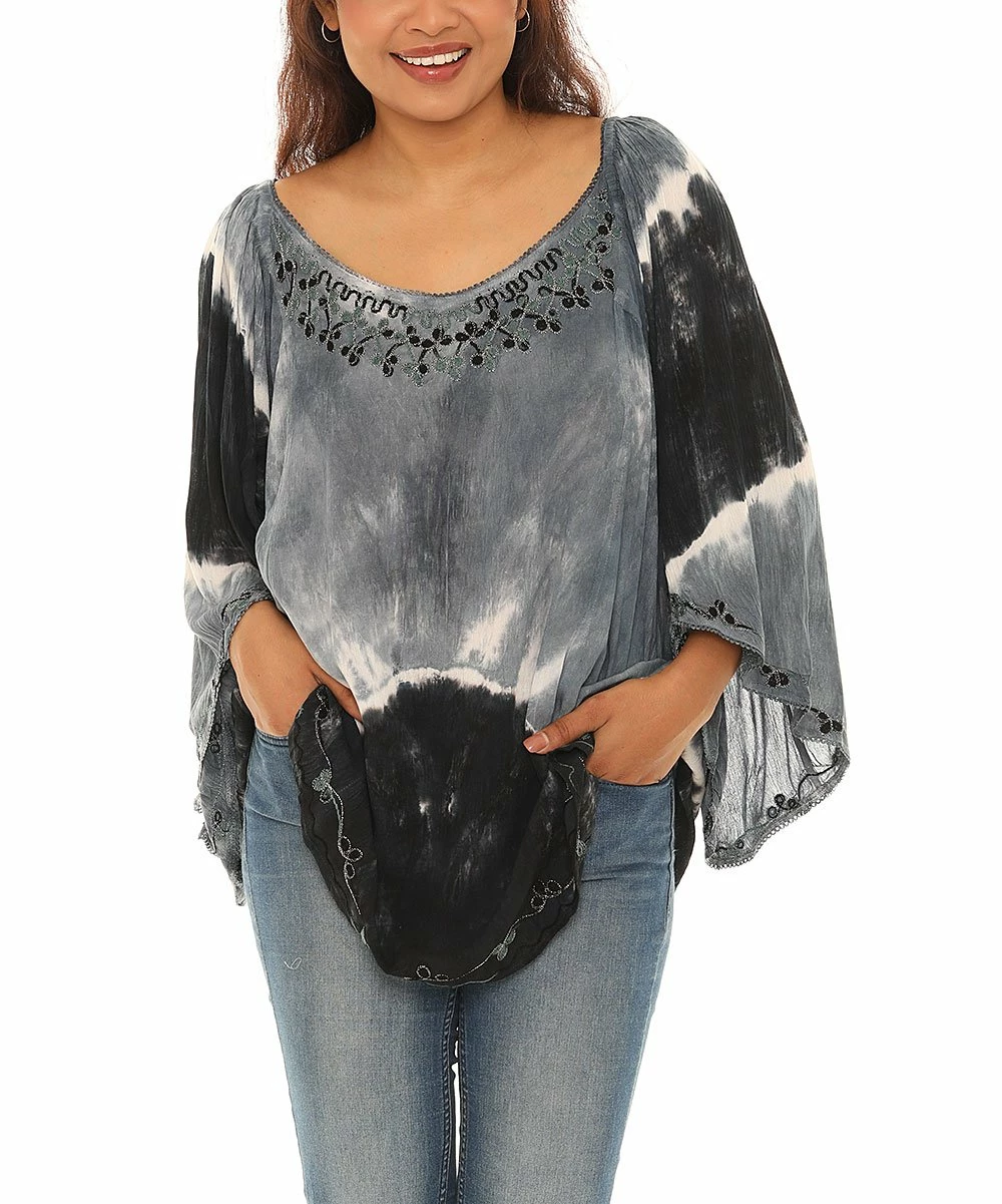 Discount π― Shoreline Black & Gray Tie-Dye Three-Quarter Sleeve Scoop Neck Tunic - π© Women & Plus π