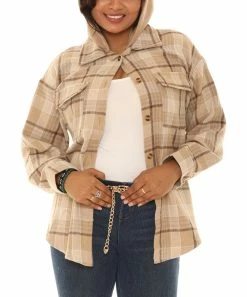 Outlet 𧨠Shoreline Beige & Brown Plaid Detachable-Hood Long-Sleeve Shacket - π© Women & Plus π