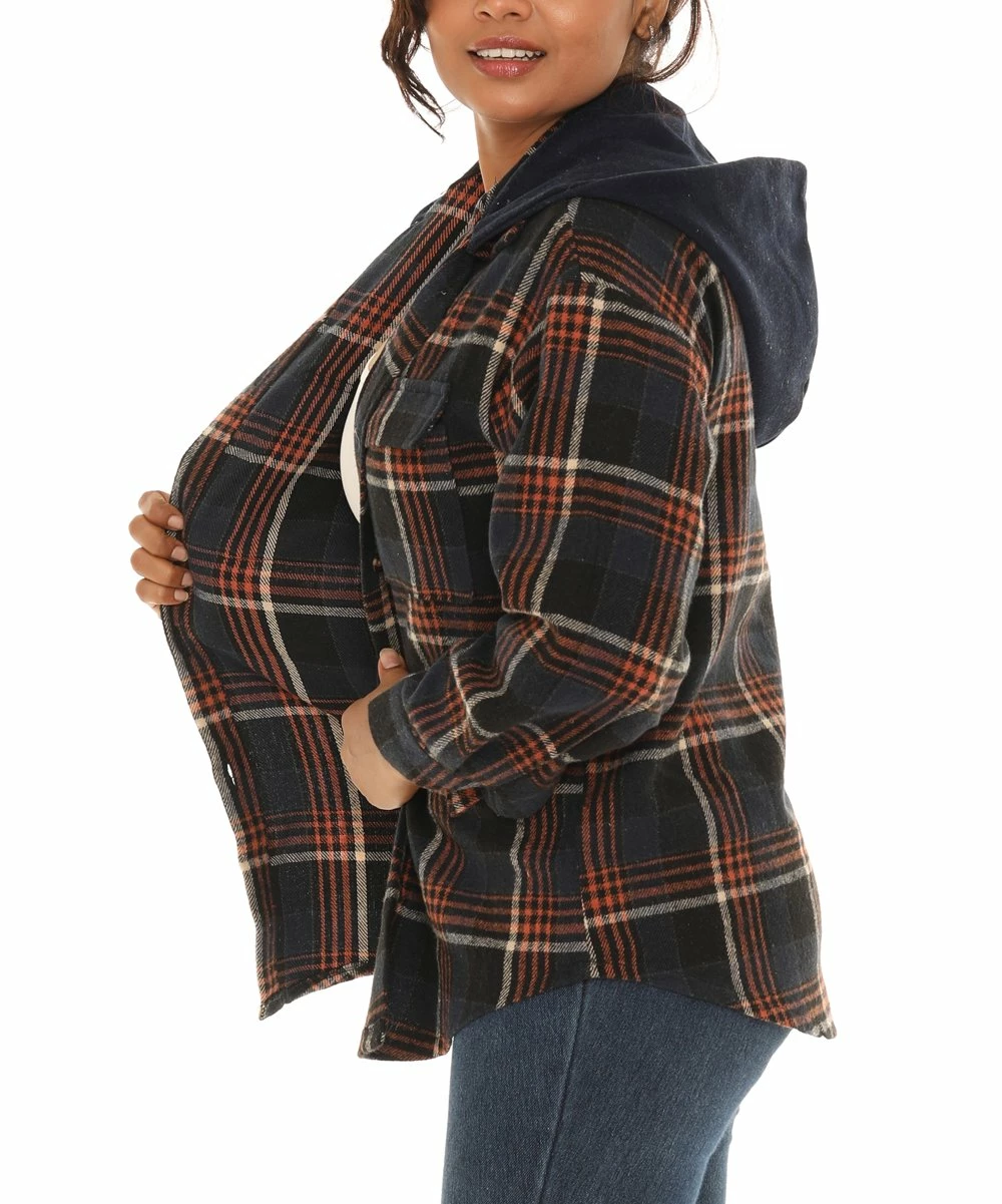 Buy π₯° Shoreline Navy & Rust Plaid Detachable-Hood Long-Sleeve Shacket - π© Women & Plus π - Image 3