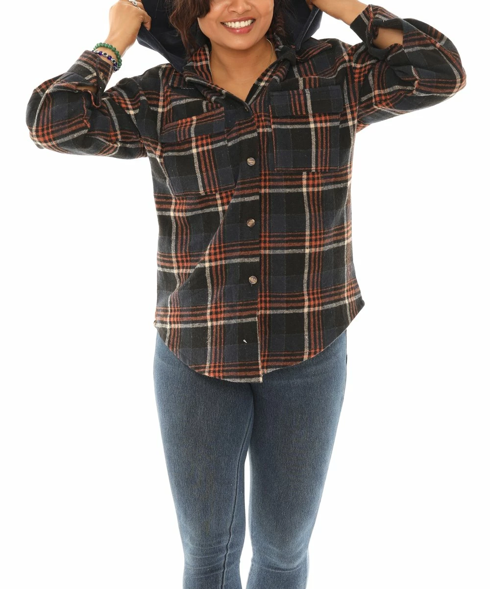 Buy π₯° Shoreline Navy & Rust Plaid Detachable-Hood Long-Sleeve Shacket - π© Women & Plus π - Image 4