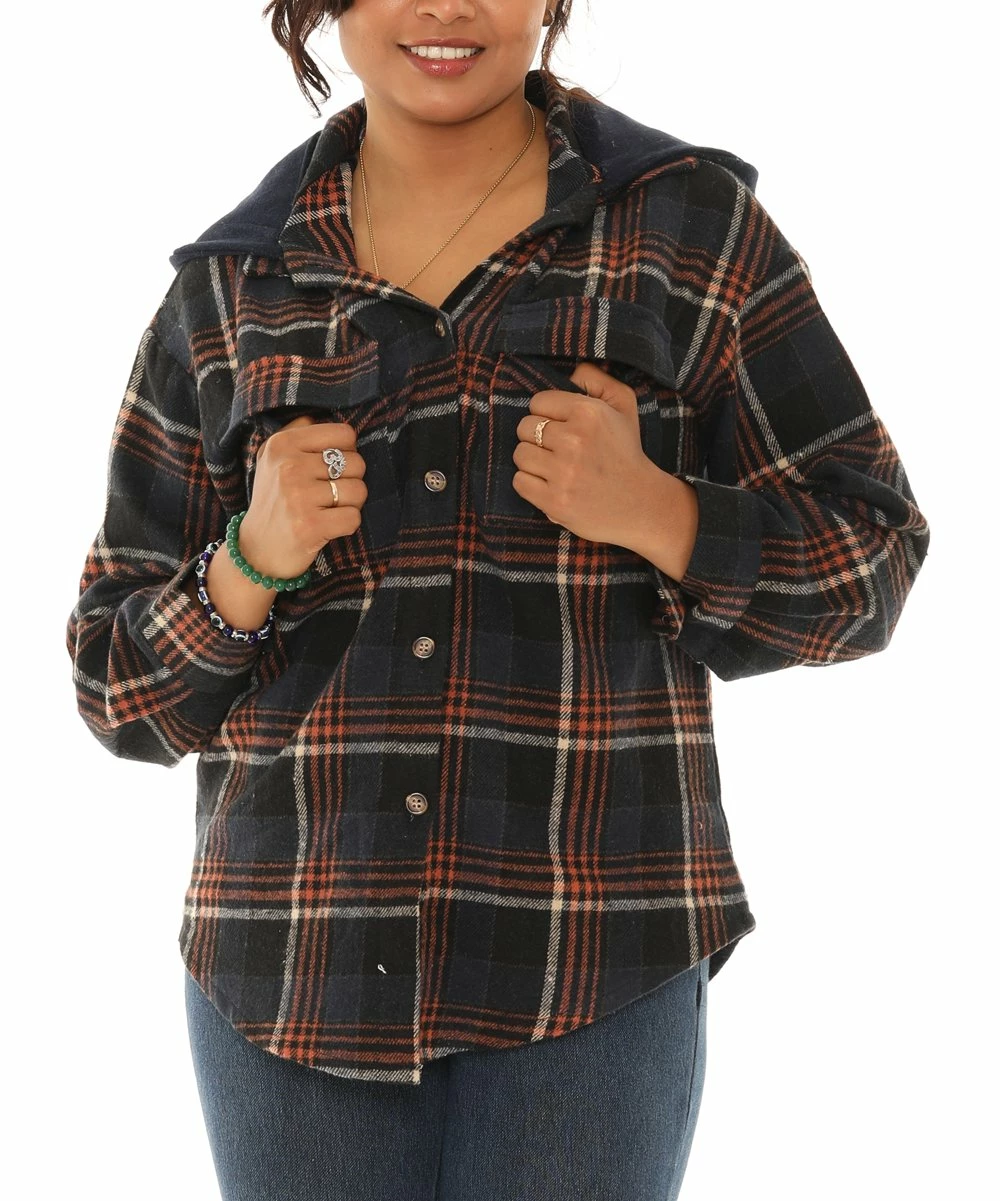 Buy π₯° Shoreline Navy & Rust Plaid Detachable-Hood Long-Sleeve Shacket - π© Women & Plus π - Image 5