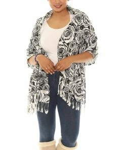 Flash Sale 🎉 Shoreline White & Black Rose Tassel-Hem Scarf - 👩 Women 🔥