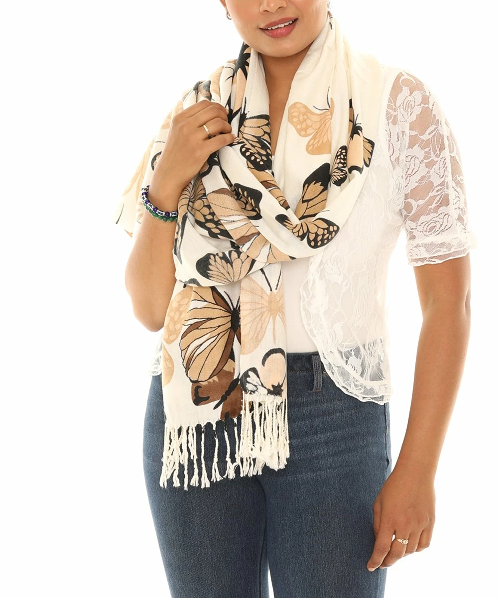 Best Sale π Shoreline Ivory & Beige Butterfly Tassel-Hem Scarf - π© Women π₯ - Image 2