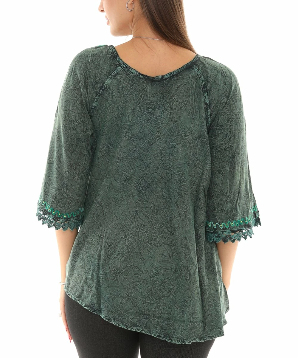 Promo π Shoreline Green Embroidered Rhinestone Curved-Hem Scoop Neck Tunic - Plus π - Image 2