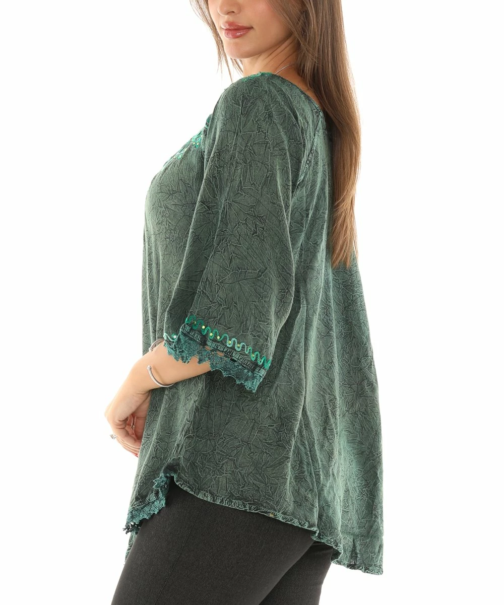 Promo π Shoreline Green Embroidered Rhinestone Curved-Hem Scoop Neck Tunic - Plus π - Image 3