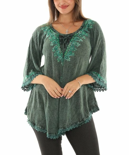 Promo π Shoreline Green Embroidered Rhinestone Curved-Hem Scoop Neck Tunic - Plus π - Image 4