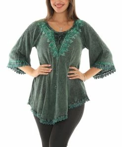Promo 👍 Shoreline Green Embroidered Rhinestone Curved-Hem Scoop Neck Tunic - Plus 👍