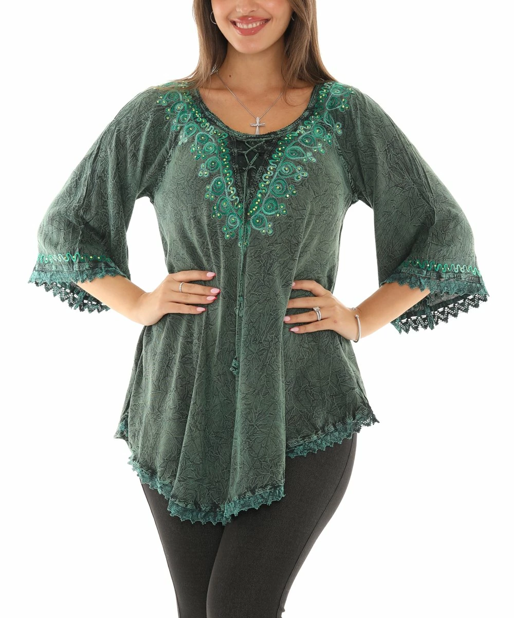 Promo π Shoreline Green Embroidered Rhinestone Curved-Hem Scoop Neck Tunic - Plus π